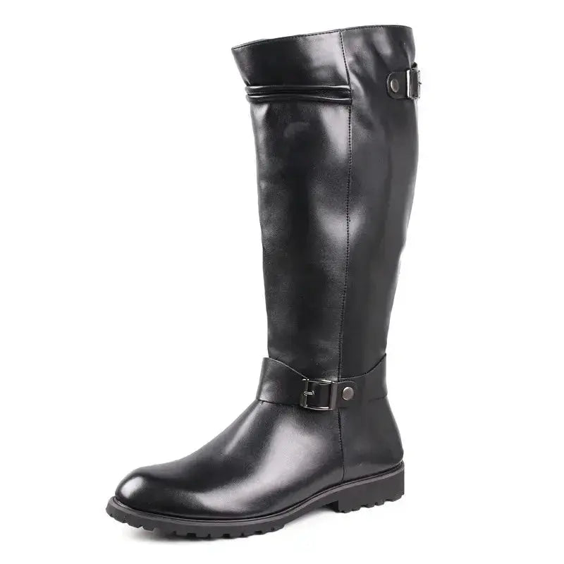 Unisex Knee-High Leather Boots with Side Zipper and Buckle Potaha