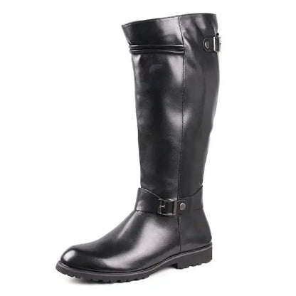 Unisex Knee-High Leather Boots with Side Zipper and Buckle Potaha