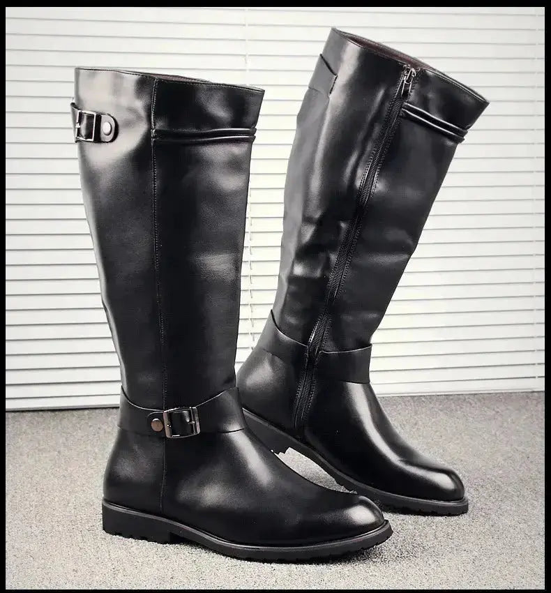 Unisex Knee-High Leather Boots with Side Zipper and Buckle Potaha