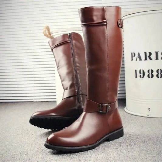 Unisex Knee-High Leather Boots with Side Zipper and Buckle Potaha