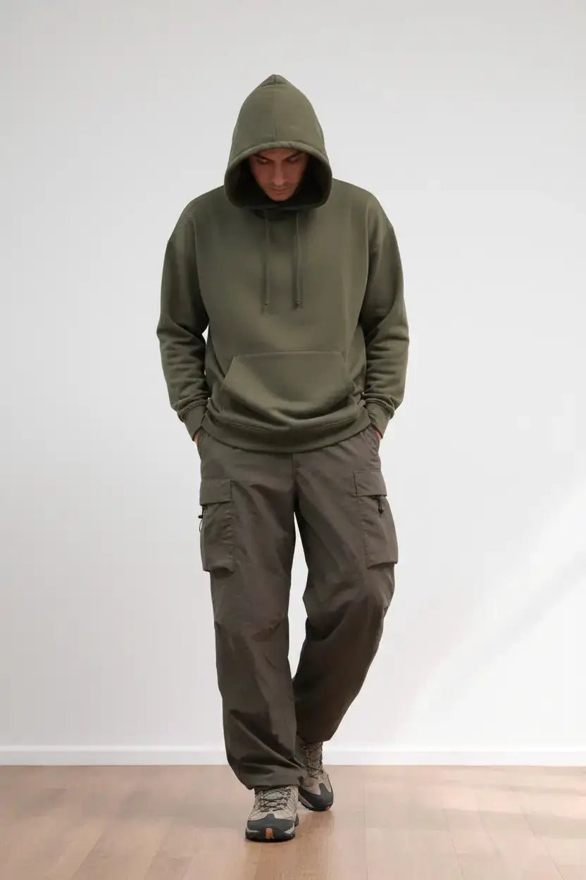 Modelo masculino cargo verde militar estúdio
