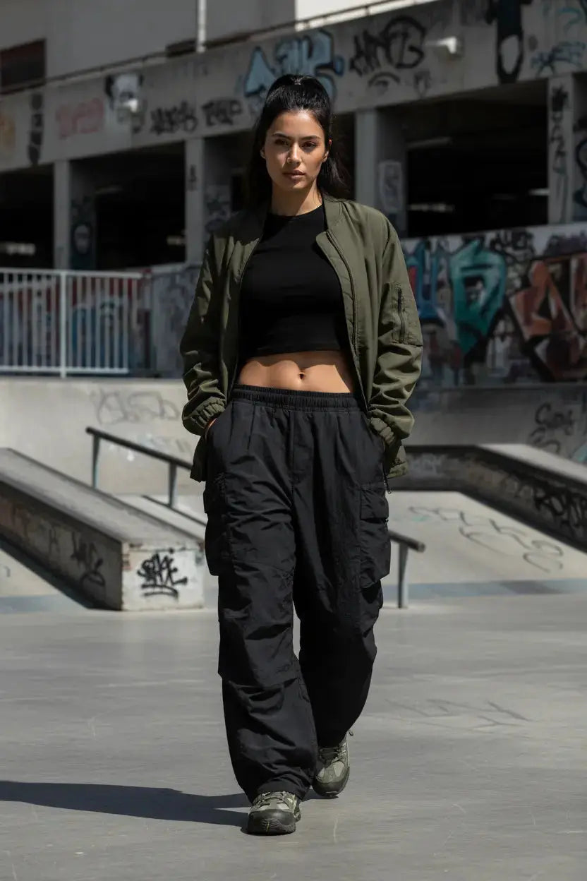 Modelo feminina cargo preto skate park