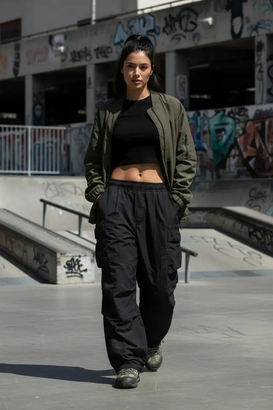 Modelo feminina cargo preto skate park