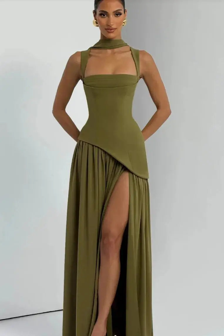 Wedding Guest Maxi Dress – Elegant Sleeveless Maxi Dress with Scarf JuChachaShop