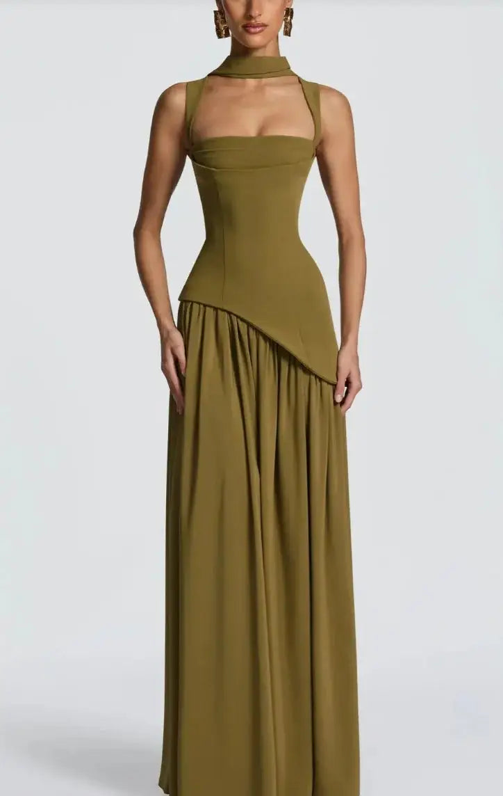 Wedding Guest Maxi Dress – Elegant Sleeveless Maxi Dress with Scarf JuChachaShop