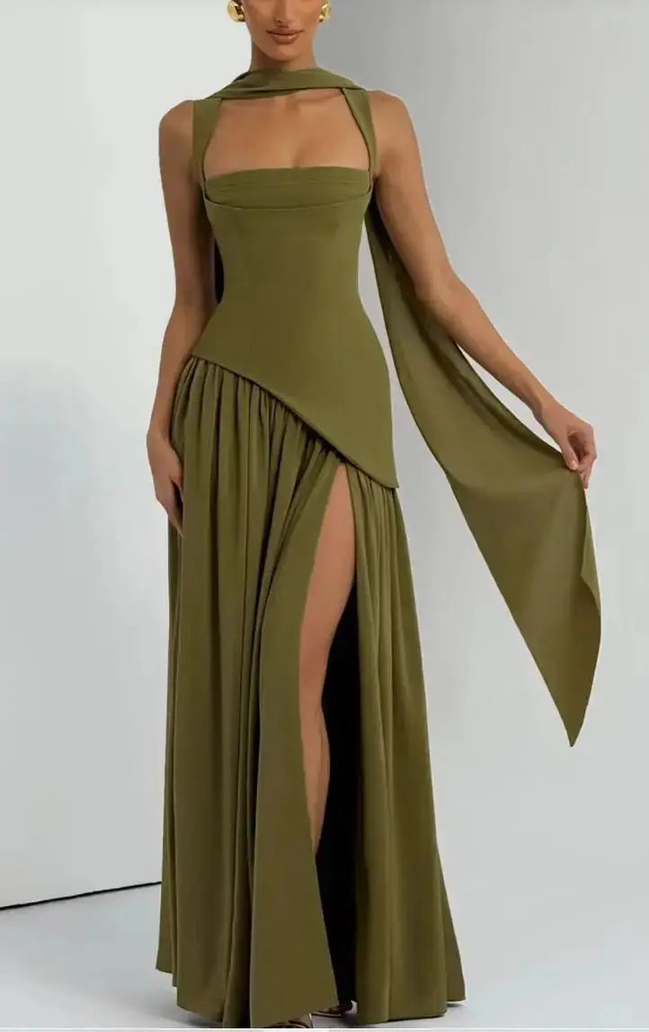 Wedding Guest Maxi Dress – Elegant Sleeveless Maxi Dress with Scarf JuChachaShop