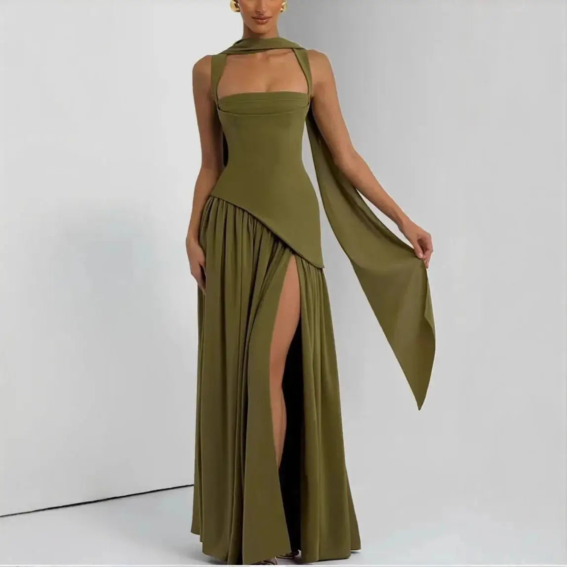 Wedding Guest Maxi Dress – Elegant Sleeveless Maxi Dress with Scarf JuChachaShop