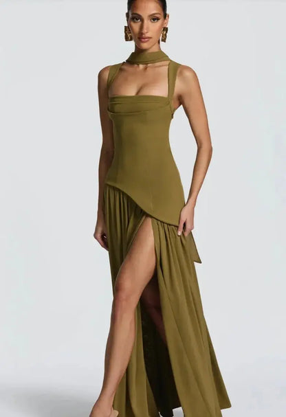 Wedding Guest Maxi Dress – Elegant Sleeveless Maxi Dress with Scarf JuChachaShop