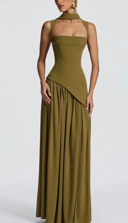 Wedding Guest Maxi Dress – Elegant Sleeveless Maxi Dress with Scarf JuChachaShop