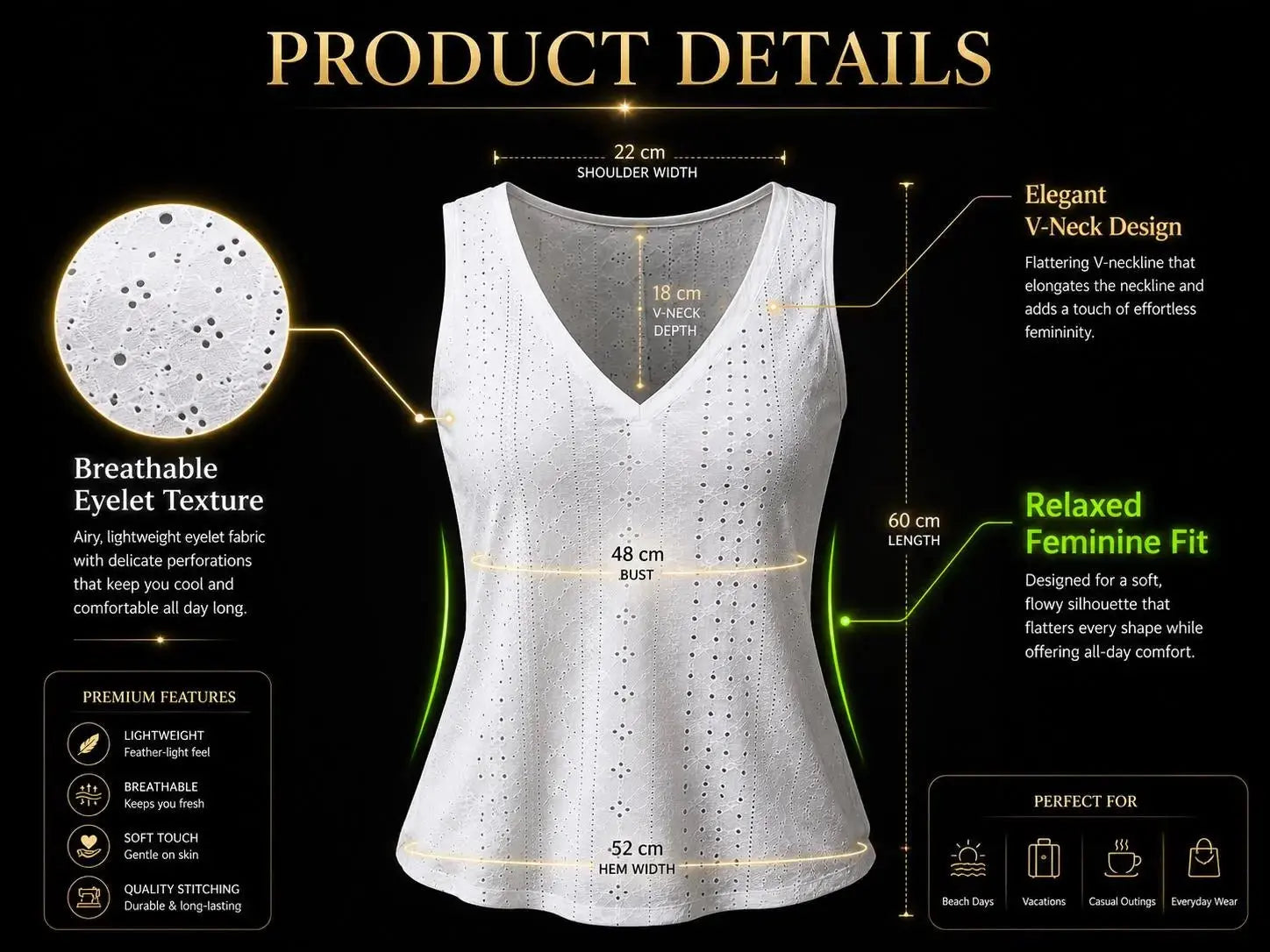 White Eyelet Sleeveless V-Neck Boho Tank Blouse – Lightweight Vacation Shirt JuChachaShop