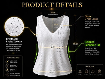White Eyelet Sleeveless V-Neck Boho Tank Blouse – Lightweight Vacation Shirt JuChachaShop