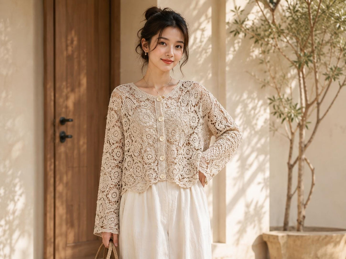 White Lace Shrug Cardigan | Bohemian Crochet Openwork Top, Scalloped Edges