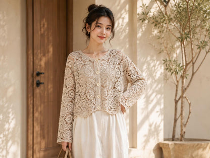 White Lace Shrug Cardigan | Bohemian Crochet Openwork Top, Scalloped Edges