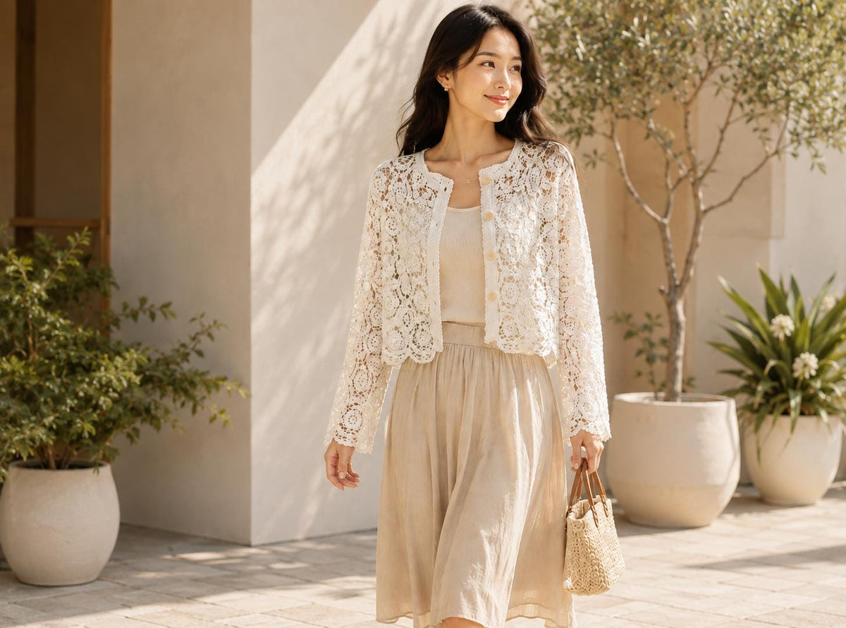 White Lace Shrug Cardigan | Bohemian Crochet Openwork Top, Scalloped Edges