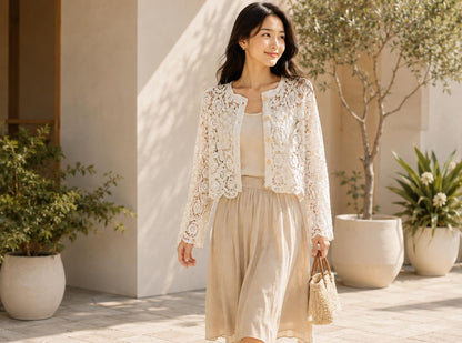 White Lace Shrug Cardigan | Bohemian Crochet Openwork Top, Scalloped Edges