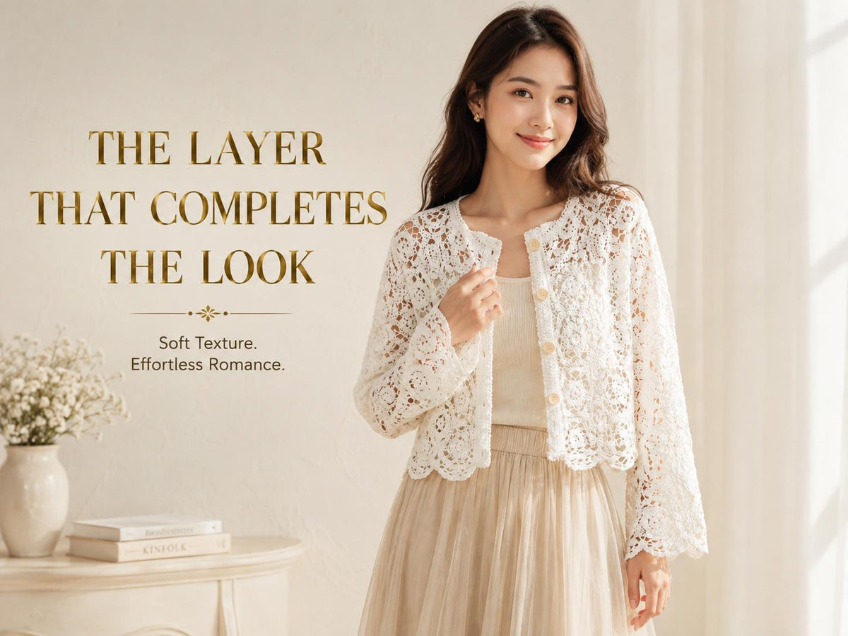White Lace Shrug Cardigan | Bohemian Crochet Openwork Top, Scalloped Edges