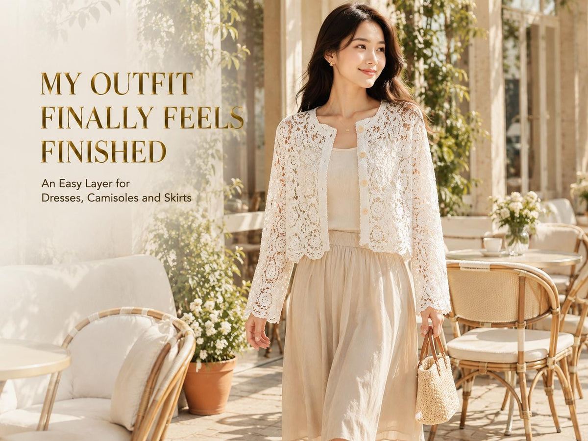 White Lace Shrug Cardigan | Bohemian Crochet Openwork Top, Scalloped Edges