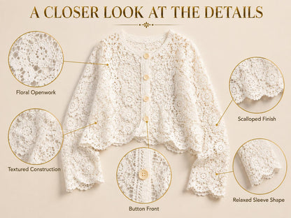 White Lace Shrug Cardigan | Bohemian Crochet Openwork Top, Scalloped Edges