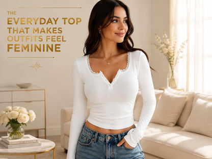 White Lace Trim V-Neck Knit Top | Soft Button Front Blouse