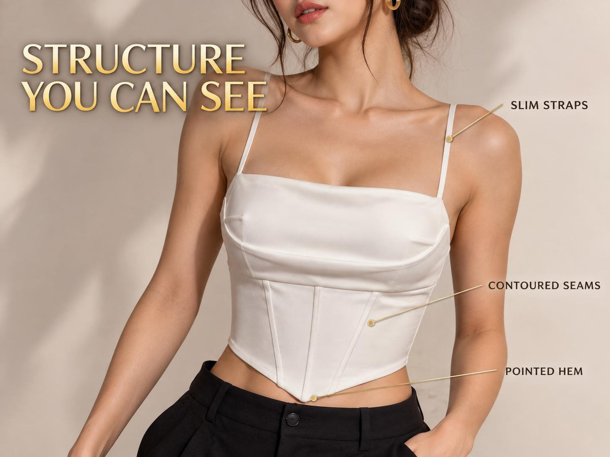 White Satin-Look Corset Crop Top, Square Neck, Pointed Hem (Going Out)