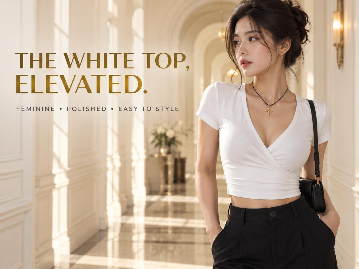 White Wrap Crop Top, V-Neck Short Sleeve, Feminine Summer Shirt
