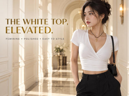 White Wrap Crop Top, V-Neck Short Sleeve, Feminine Summer Shirt