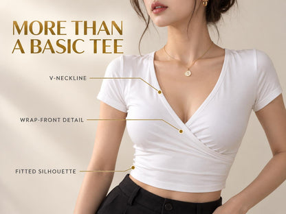 White Wrap Crop Top, V-Neck Short Sleeve, Feminine Summer Shirt