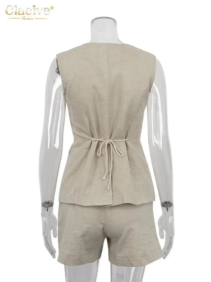 Women Linen Shorts Set – Sleeveless Tank Top & High Waist Shorts JuChachaShop