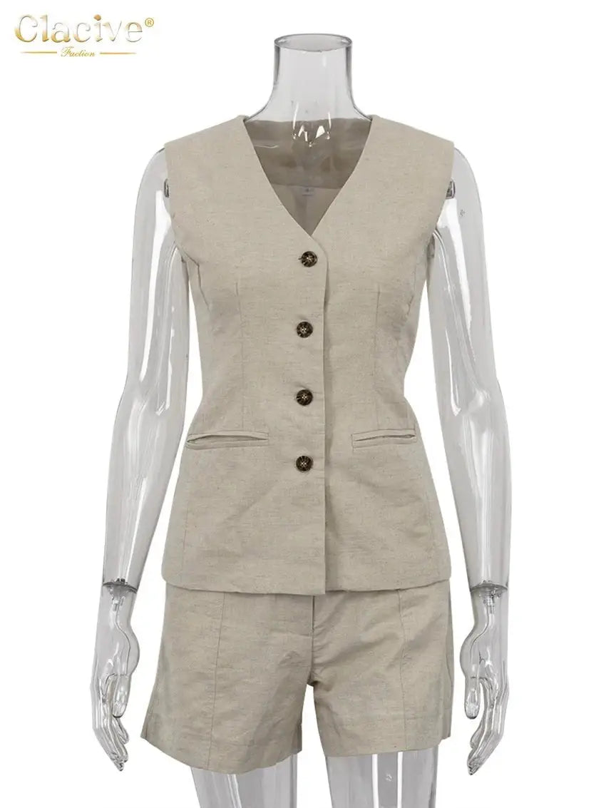 Women Linen Shorts Set – Sleeveless Tank Top & High Waist Shorts JuChachaShop