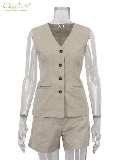 Women Linen Shorts Set – Sleeveless Tank Top & High Waist Shorts JuChachaShop