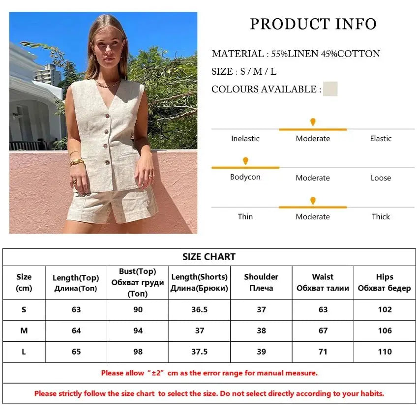 Women Linen Shorts Set – Sleeveless Tank Top & High Waist Shorts JuChachaShop