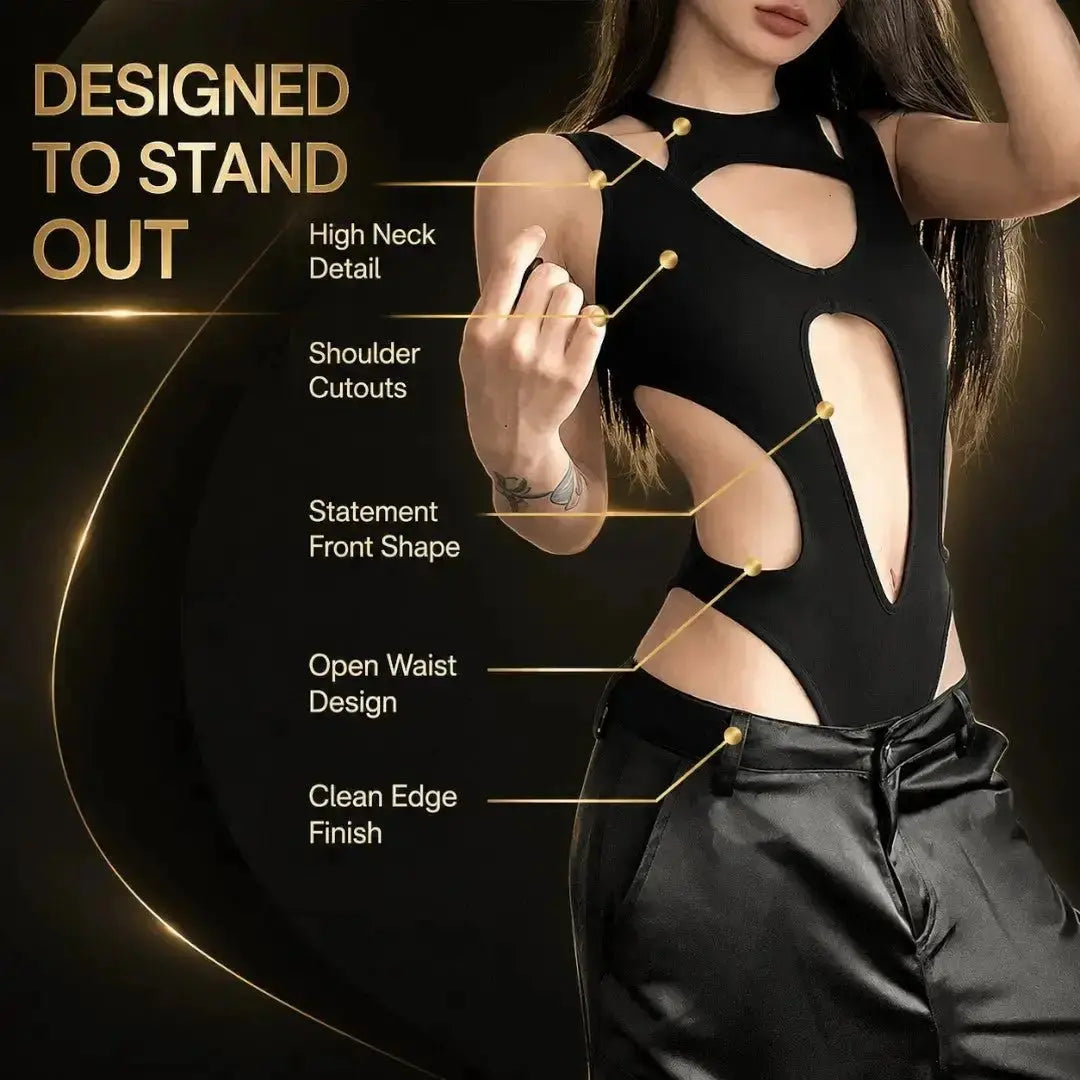 Black Cutout Bodysuit for Women | Edgy Sleeveless Club Top | Statement Night Out Outfit | Stretch Fitted Bodysuit Jumartins