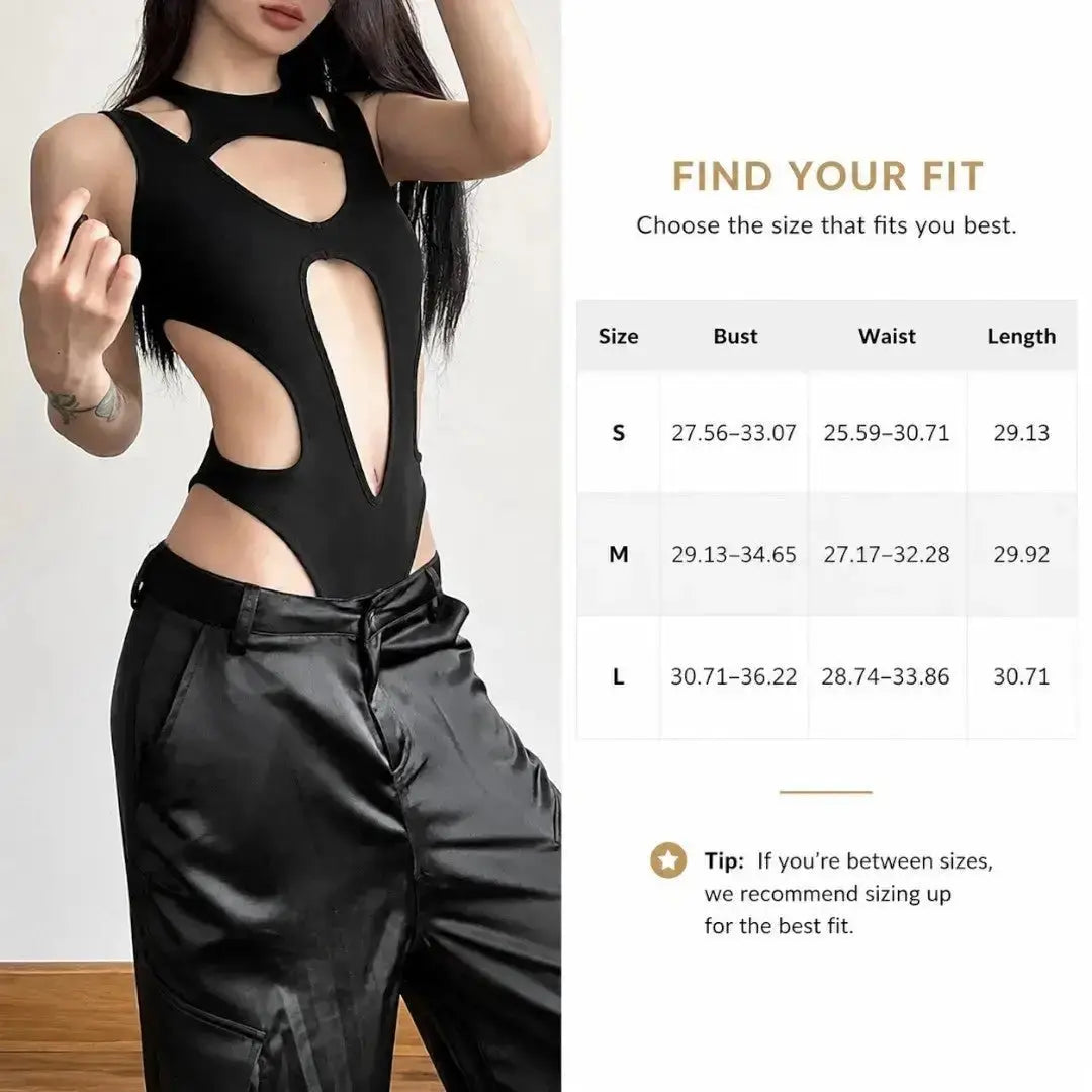 Black Cutout Bodysuit for Women | Edgy Sleeveless Club Top | Statement Night Out Outfit | Stretch Fitted Bodysuit Jumartins