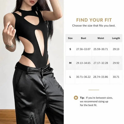 Black Cutout Bodysuit for Women | Edgy Sleeveless Club Top | Statement Night Out Outfit | Stretch Fitted Bodysuit Jumartins