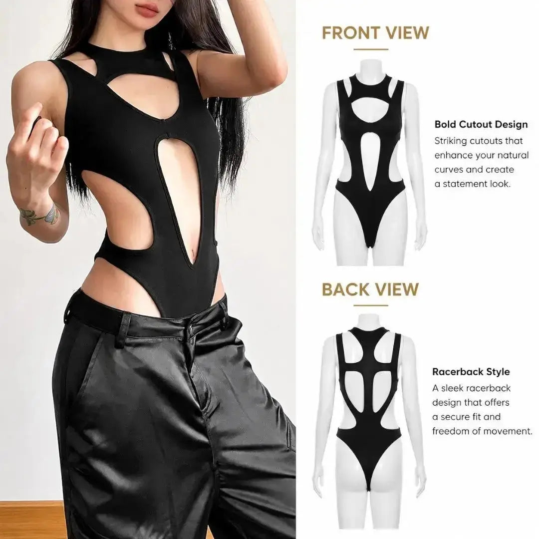 Black Cutout Bodysuit for Women | Edgy Sleeveless Club Top | Statement Night Out Outfit | Stretch Fitted Bodysuit Jumartins