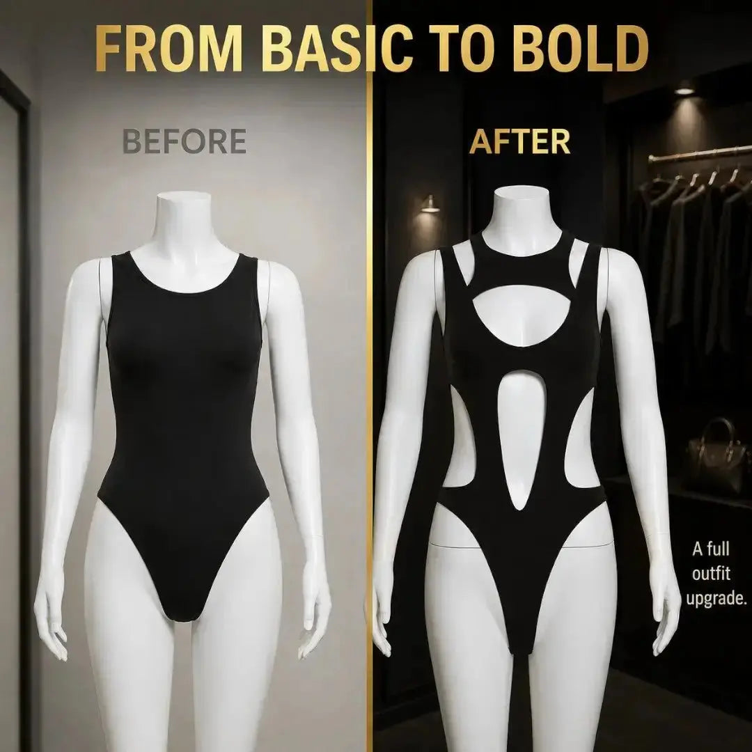Black Cutout Bodysuit for Women | Edgy Sleeveless Club Top | Statement Night Out Outfit | Stretch Fitted Bodysuit Jumartins