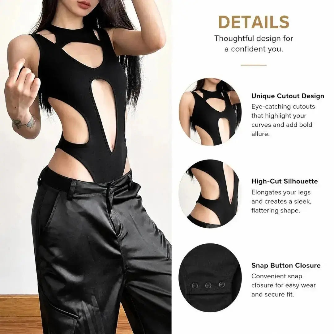 Black Cutout Bodysuit for Women | Edgy Sleeveless Club Top | Statement Night Out Outfit | Stretch Fitted Bodysuit Jumartins