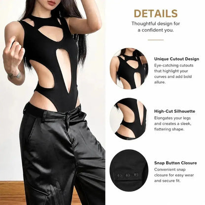 Black Cutout Bodysuit for Women | Edgy Sleeveless Club Top | Statement Night Out Outfit | Stretch Fitted Bodysuit Jumartins
