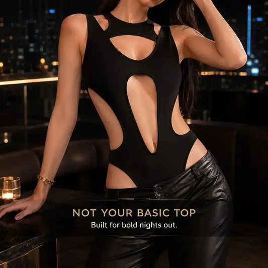 Black Cutout Bodysuit for Women | Edgy Sleeveless Club Top | Statement Night Out Outfit | Stretch Fitted Bodysuit Jumartins