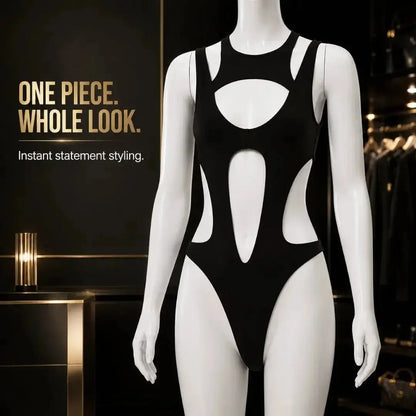 Black Cutout Bodysuit for Women | Edgy Sleeveless Club Top | Statement Night Out Outfit | Stretch Fitted Bodysuit Jumartins
