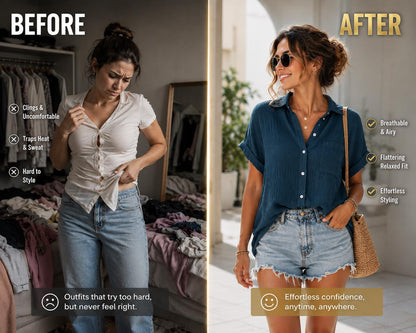 Women’s Casual Summer Blouse Breathable Gauze Button-Down Shirt, Batwing Sleeve, Relaxed Fit Lightweight Top