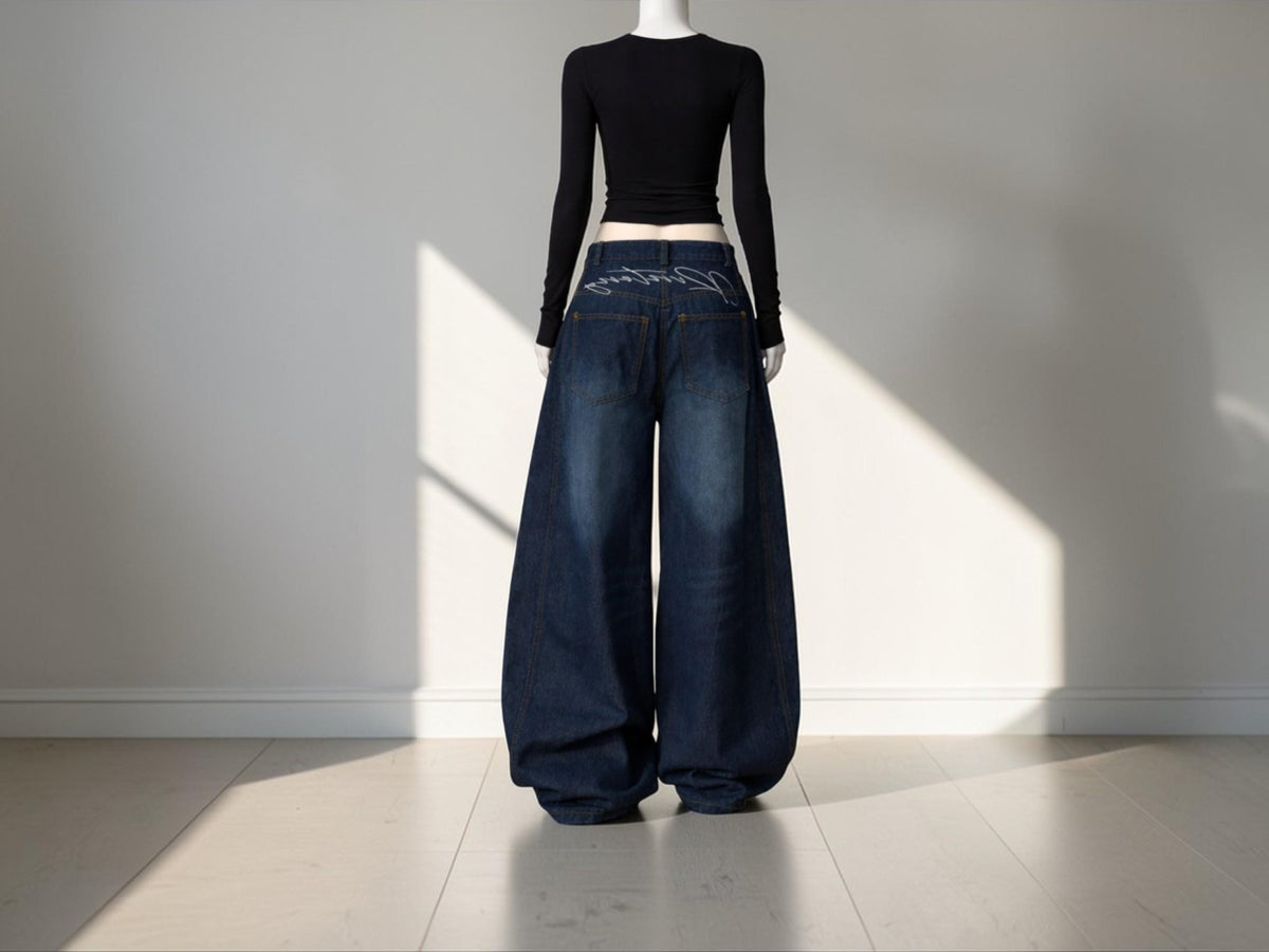 Women's Dark Wash Wide Leg Jeans | High Waist Baggy Denim Street Style Pants