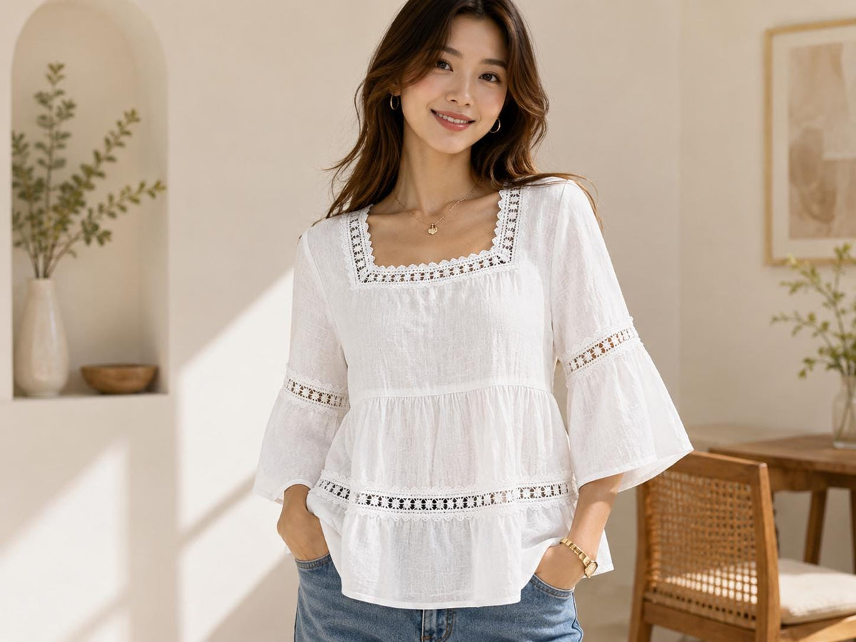 Women's Embroidered Lace Blouse | V-Neck Flare Sleeve Top