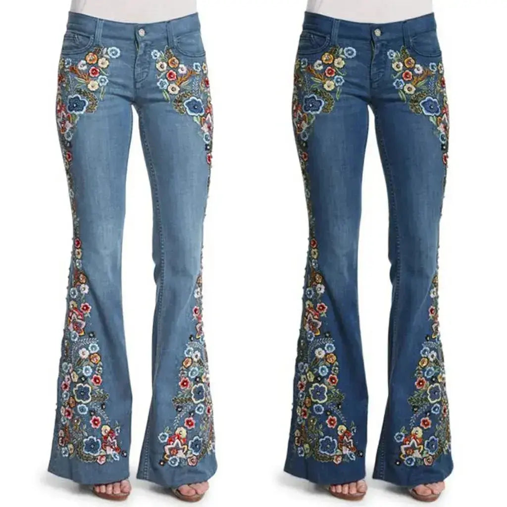 Women's Floral Embroidered Flare Jeans – Boutique-Inspired Stretch Denim JuChachaShop
