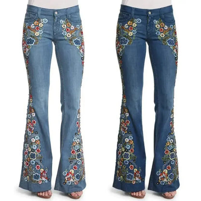 Women's Floral Embroidered Flare Jeans – Boutique-Inspired Stretch Denim JuChachaShop