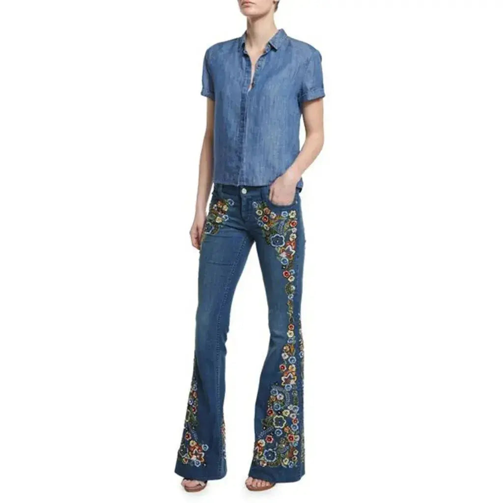 Women's Floral Embroidered Flare Jeans – Boutique-Inspired Stretch Denim JuChachaShop