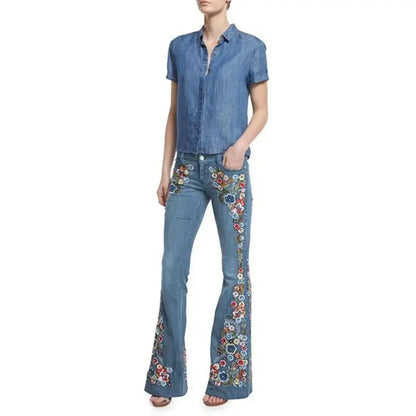 Women's Floral Embroidered Flare Jeans – Boutique-Inspired Stretch Denim JuChachaShop