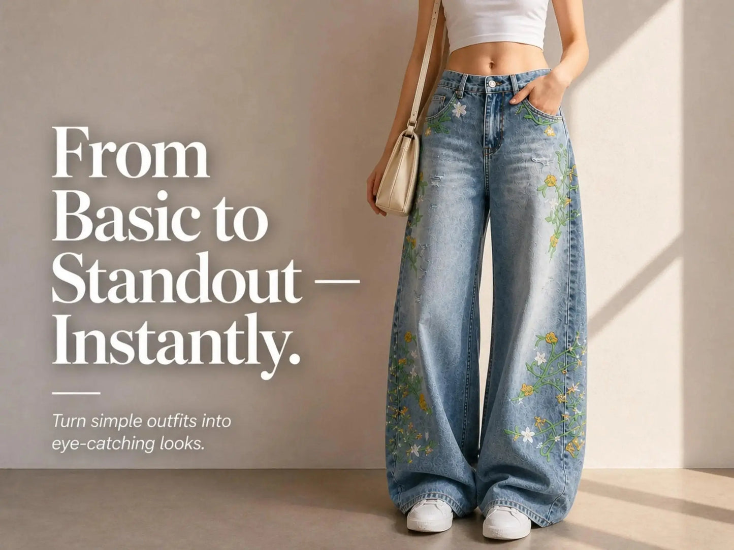 Wide Leg Floral Jeans for Women JuChachaShop