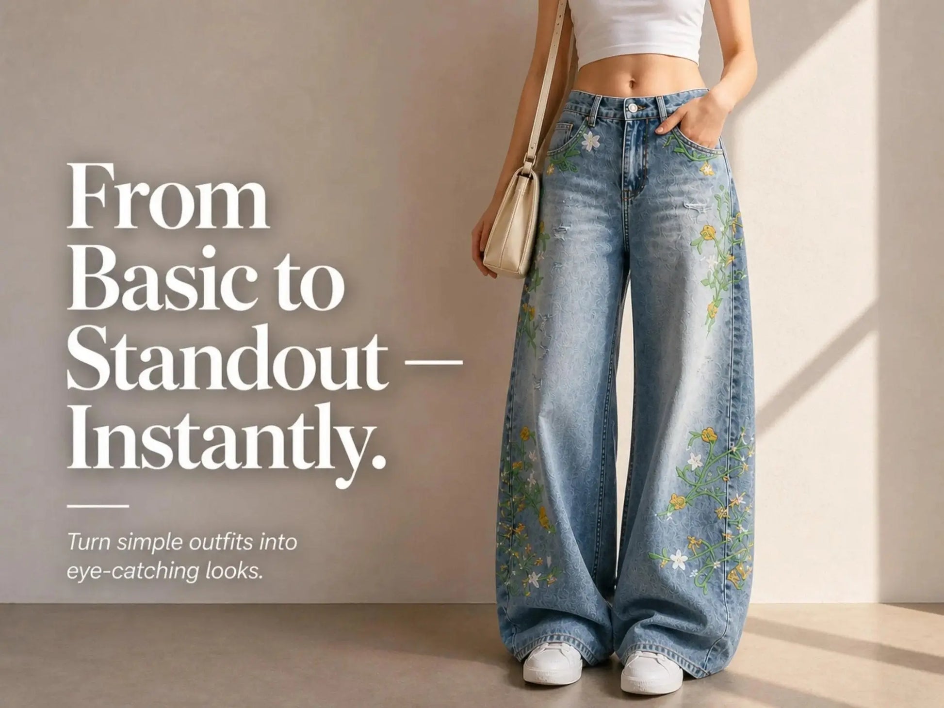 Wide Leg Floral Jeans for Women JuChachaShop