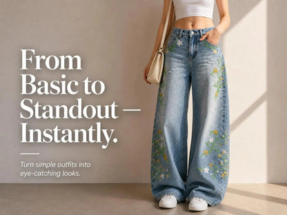 Wide Leg Floral Jeans for Women JuChachaShop